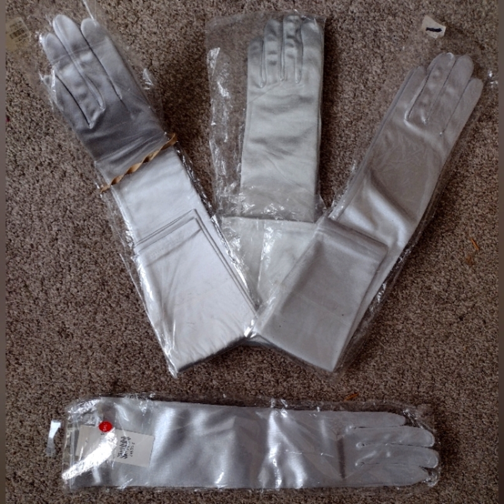 Silver stretch satin opera length gloves